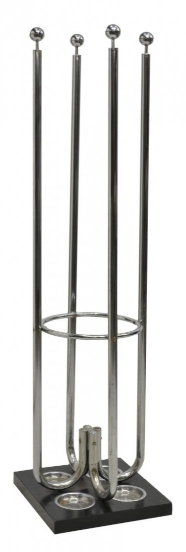 ITALIAN MODERN CHROMED STEEL UMBRELLA & HALL TREE: Italian modern chromed steel standing hall tree, c. 1960's/70's, ball form finials surmount four poles, joined by a cylindrical ring, black squared base fitted to accommodate umbrellas, approx 64.25"h