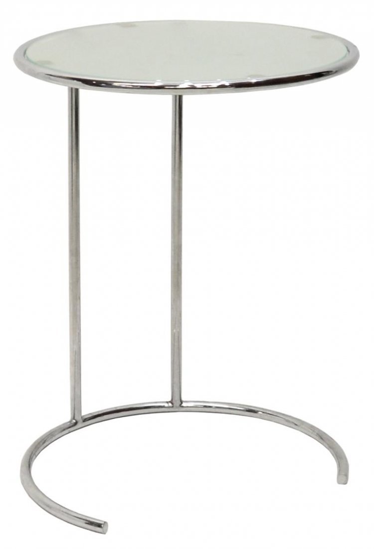 ITALIAN MODERN CHROMED STEEL CIRCULAR SOFA TABLE: Italian modern circular glass top sofa table, c. 1970, rising on tubular chrome steel support with partial circle base, approx 24", 17.75"diam Start Price: $80.00