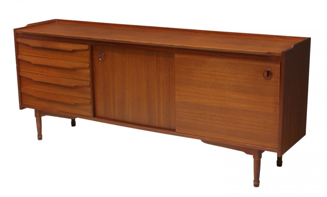 ITALIAN MID-CENTURY TEAKWOOD SIDEBOARD, C.1960: Italian design mid-century modern teakwood sideboard, c.1960, the stained teakwood body holding four drawers and two sliding cabinet doors, each containing a single shelf, minor surface wear to exteri