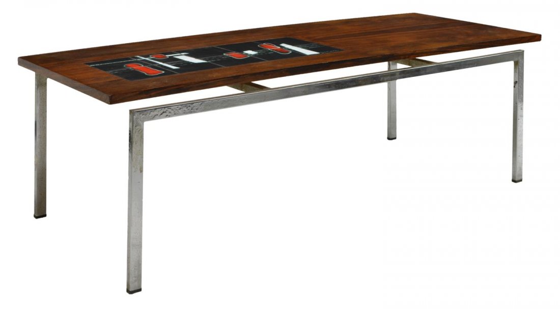 FRENCH MODERN ROSEWOOD, TILE & CHROME COFFEE TABLE: French modern rosewood top coffee table, 1960's, rectangular with colorful inset top rising on square tubular chrome steel supports, 15.5"h, 47.5"w, 18.25"d Start Price: $150.00