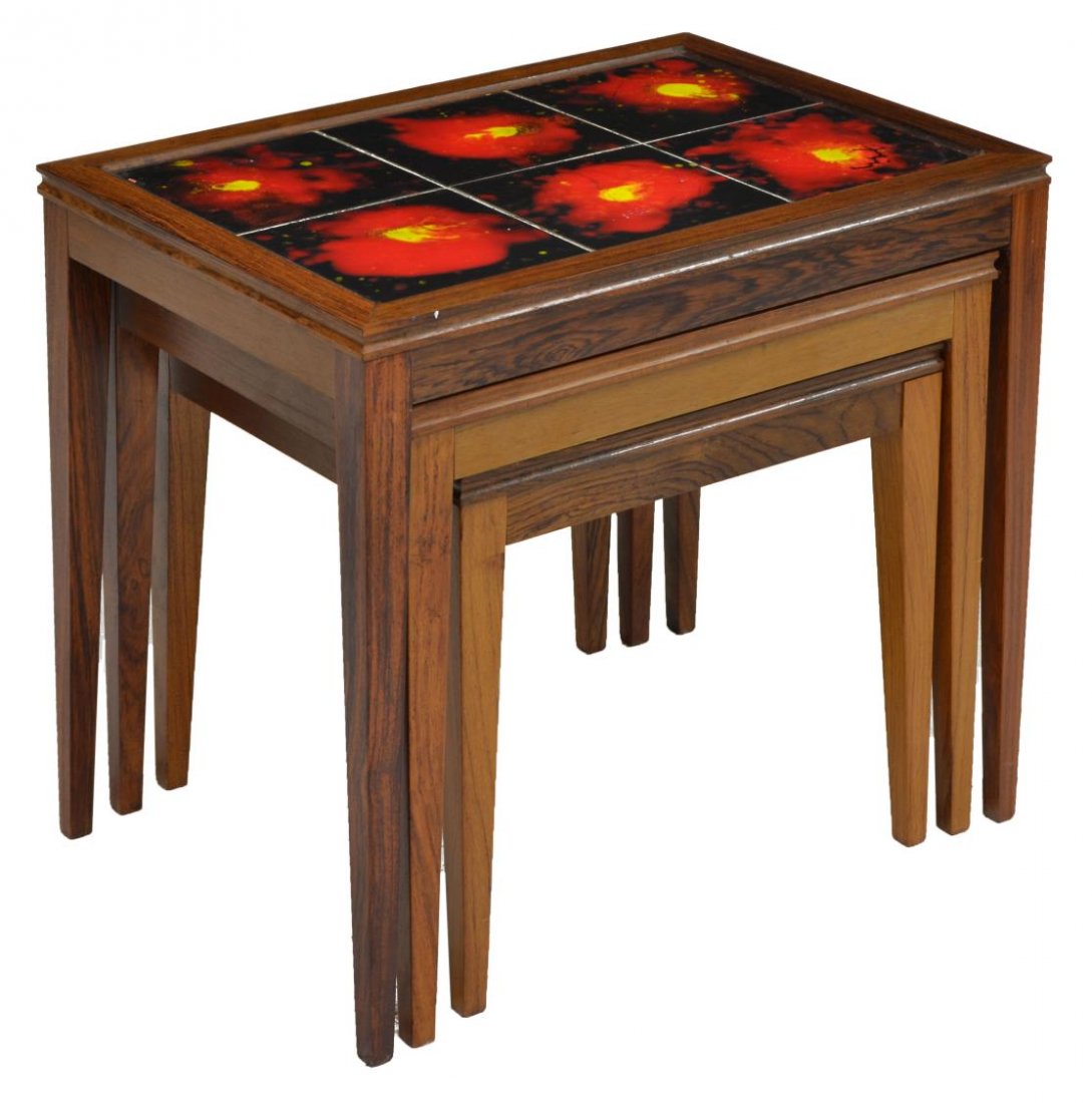 DANISH MID-CENTURY MODERN ROSEWOOD NESTING TABLES: Danish mid-century modern rosewood tile-top nesting side tables, c. 1950/1960, the black, red and yellow glazed ceramic tile tops rising on tapered squared legs, largest: 19.5"h, 20.75"w, 14.75"d, sma