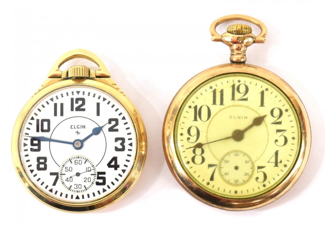 (2) ELGIN B.W. RAYMOND 21J & 19J POCKET WATCHES: Elgin B.W. Raymond. open face pocket watches: (1) Elgin 571, 21 jewel, 8 adjustments, SN V529688, balance wheel good but will not run; (1) 19 jewels, safety barrel, 20 year gold filled case, manufactu