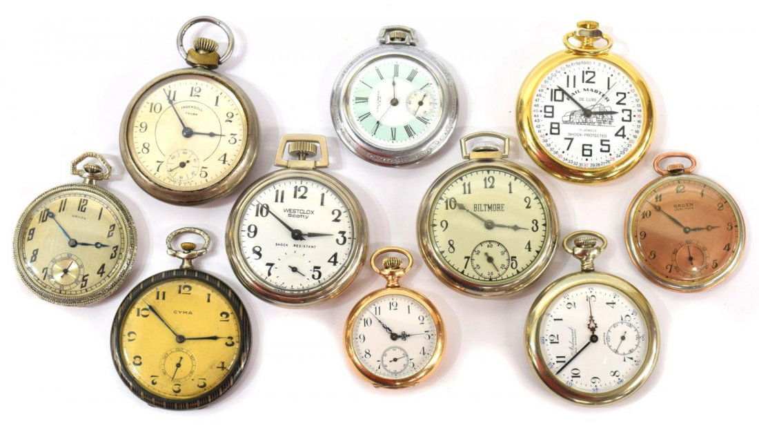 (10) POCKET WATCHES BY VARIOUS MAKERS: (lot of 10) Pocket watches by various makers including, Admiral, Columbia, Gruen Veri-Thin, Longines, Gruen, Cyma in .800 silver case, Rail Master De Luxe, 17 Jewels; Ingersoll Trump, Ingraham Biltmor