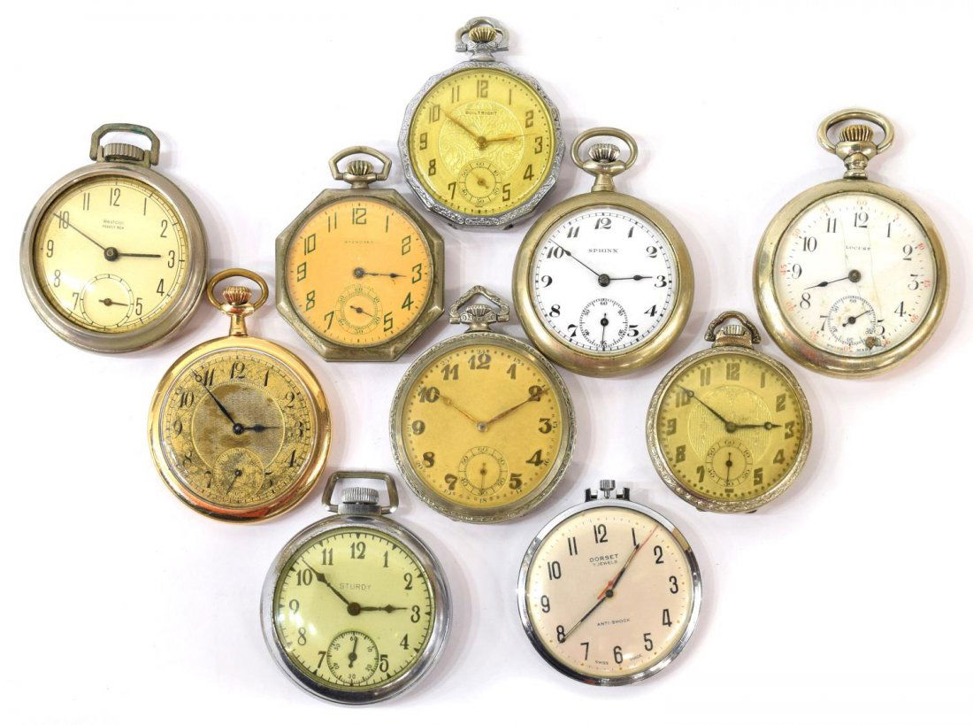 (10) OPEN FACED POCKET WATCHES, VARIOUS MAKES: (lot of 10) Open face pocket watches, various makes including, Sphinx, Standard, Westclox, Locust, Sturdy, Dorset, others, two observed operating during a 15 minute period, Start Price: $50.00