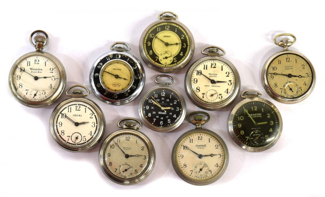 (10) POCKET WATCHES, VARIOUS MAKERS: (lot of 10) Open face pocket watches by various makers including Jockey, Hamilton Khaki, Beacon Viceroy Ingraham, Ingram Sentinel, various Westclox models including Ideal, Pocket Ben Scotty, Ingersoll