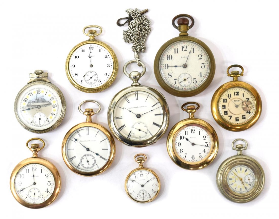 (10) ELGIN & WALTHAM POCKET WATCHES: (lot of 10) Elgin and Waltham pocket watches, gold fill or silver finish cases: (1) Elgin fancy dial with American steam ship, SN 22185261 (mfg 1919), starts, stops after 30 seconds; (1) Elgin fancy d