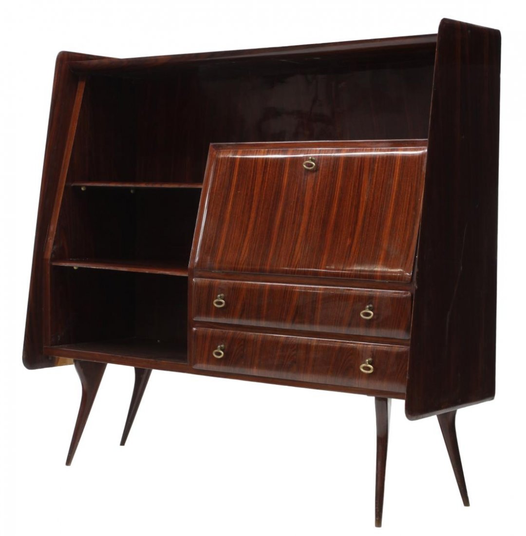 VITTORIO DASSI MODERN ROSEWOOD SIDEBOARD: Italian mid-century modern rosewood sideboard, 1960's, design by Vittorio Dassi (Milan, 1893-1973) the angled sides framing open shelves and a slant front door, opening to a mirrored bar, above two lo