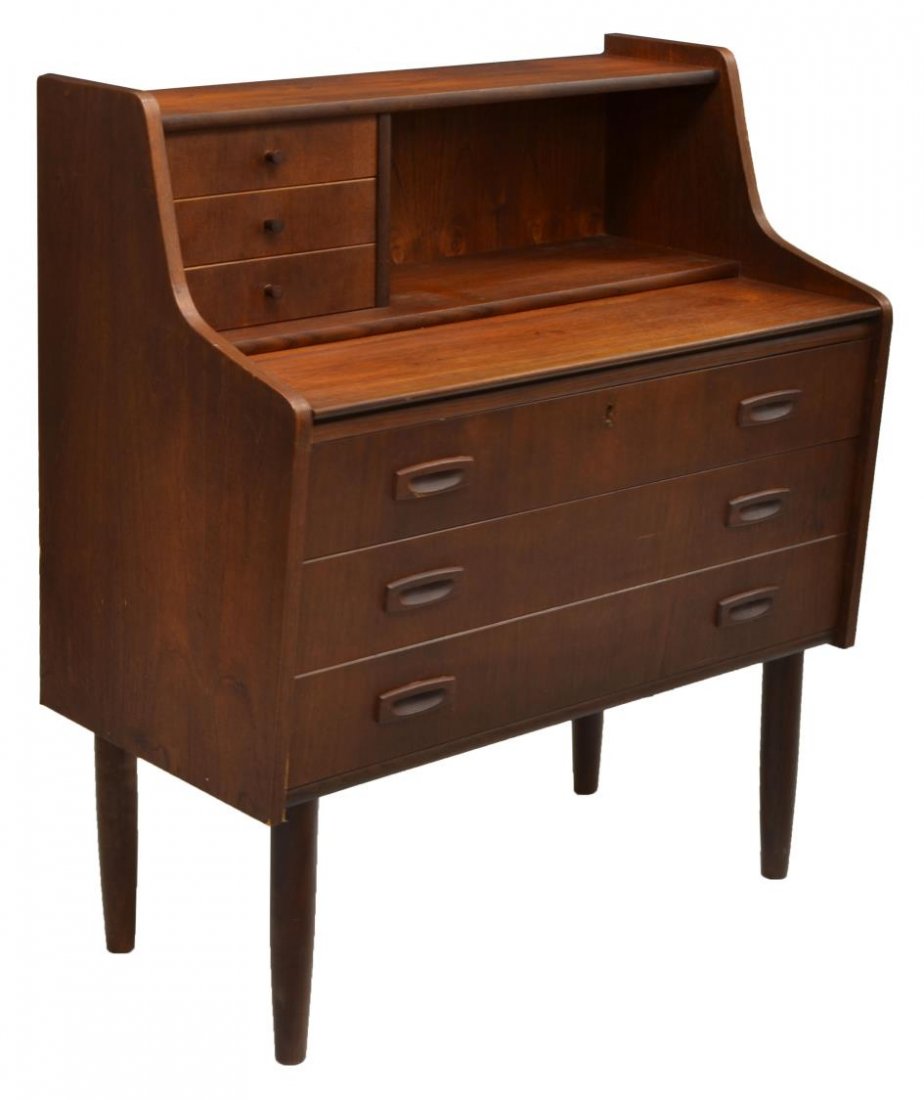 DANISH MID-CENTURY MODERN TEAKWOOD BUREAU: Danish mid-century modern teakwood bureau, c. 1950's/60's, three drawers and open display, over a pull out writing surface, three drawers in lower case, rise on cylindrical supports, approx 40"h, 32.2