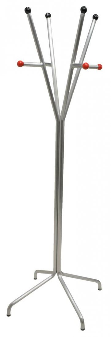 ITALIAN MODERN ALUMINUM STANDING HALL TREE: Italian modern aluminum standing hall tree, c. 1960's/70's, cylindrical tubes form the standard, hooks terminate in black and red balls, all on four down turned legs, 75"h Start Price: $150.00
