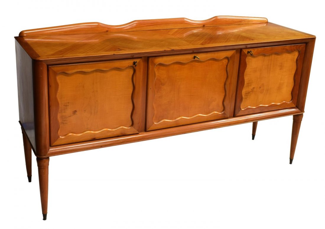 ITALIAN MID-CENTURY SIDEBOARD, ATTRIB. PAOLO BUFFA: Italian mid-century modern sideboard, c. 1950, design attributed to Paolo Buffa (Italian, 1903-1970), the shaped top over a central drop front door opening to the mirrored door, a door at each side, o