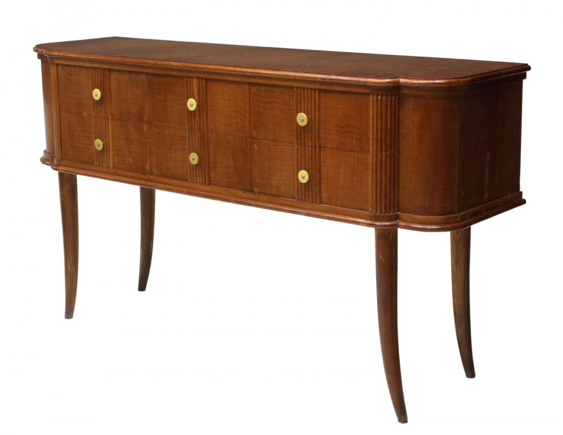 ITALIAN MID-CENTURY SIDEBOARD, ATTRIB. PAOLO BUFFA: Italian oak sideboard, design attributed to Paolo Buffa (Italian, 1903-1970), the curved end top over three banks of two drawers, the open base rising on tapered turned outswept supports, 37"h, 67"w,