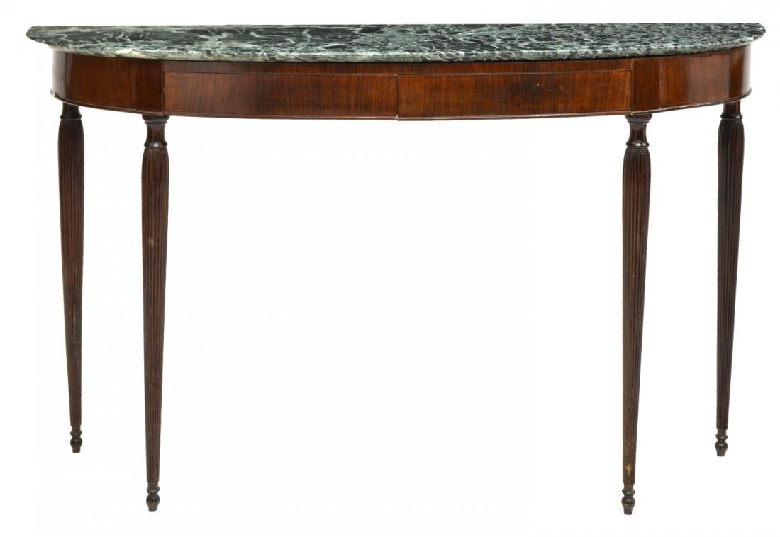 ITALIAN ATTRIB. PAOLO BUFFA DEMILUNE CONSOLE TABLE: Italian mid century demi-lune console table, design attributed to Paolo Buffa, c. 1950, the green marble top over two frieze drawers, rising on fluted tapered legs, 34"h, 52"w, 13.5"d Start Price: $30