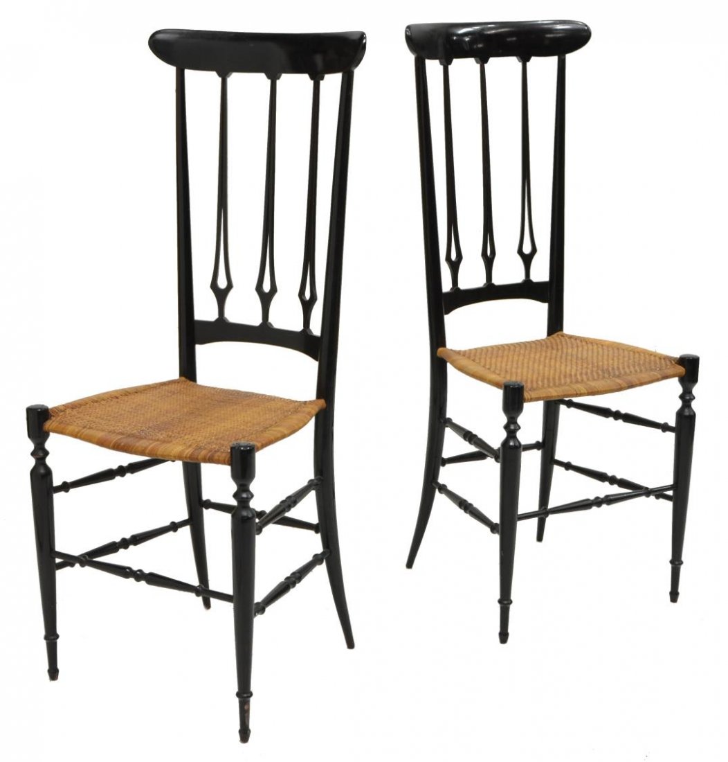 (2) ITALIAN CHIAVARI EBONIZED & WOVEN HALL CHAIRS: (pair) Chiavari side chairs, c. 1960, each having ebonized tall back, over a tightly woven seat, raised on a stretcher base, approx 40"h, 16.25"w, 14"d Start Price: $150.00
