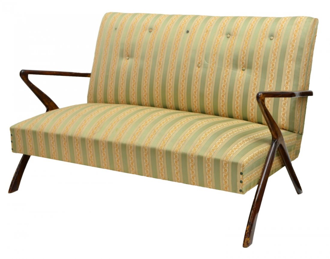 GUGLIELMO ULRICH MID-CENTURY MODERN SOFA: Italian mid-century modern sofa, c. 1950, design by Guglielmo Ulrich (Italian, 1904-1977), upholstered back and seat, flanked by shaped wood arms and contiguous legs, missing some buttons, worn uphols