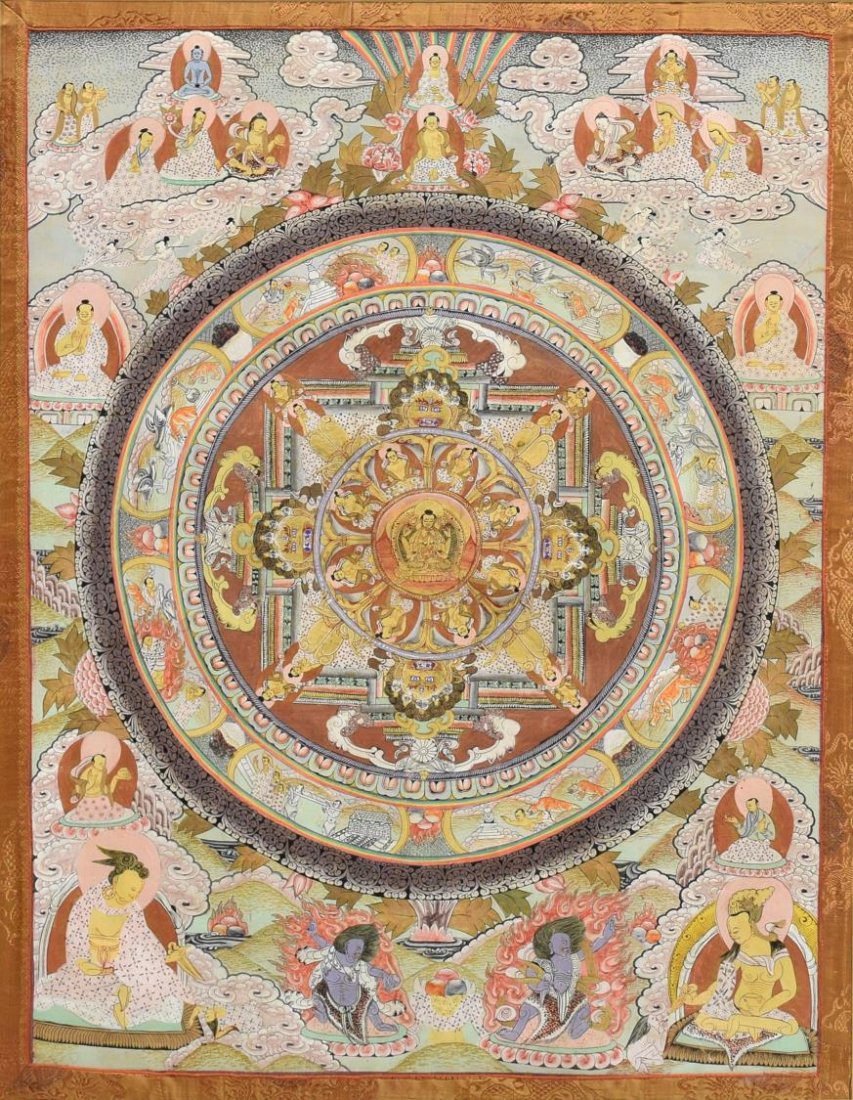 TIBETAN BUDDHIST THANGKA PAINTING: Framed Tibetan Thangka of polychrome gouache on woven ground, with silk mat border, depicting various scenes and incarnations of Buddha, sight: 26.25"h, 19"w, overall: 36"h, 29"w, 10lbs Start Price: $