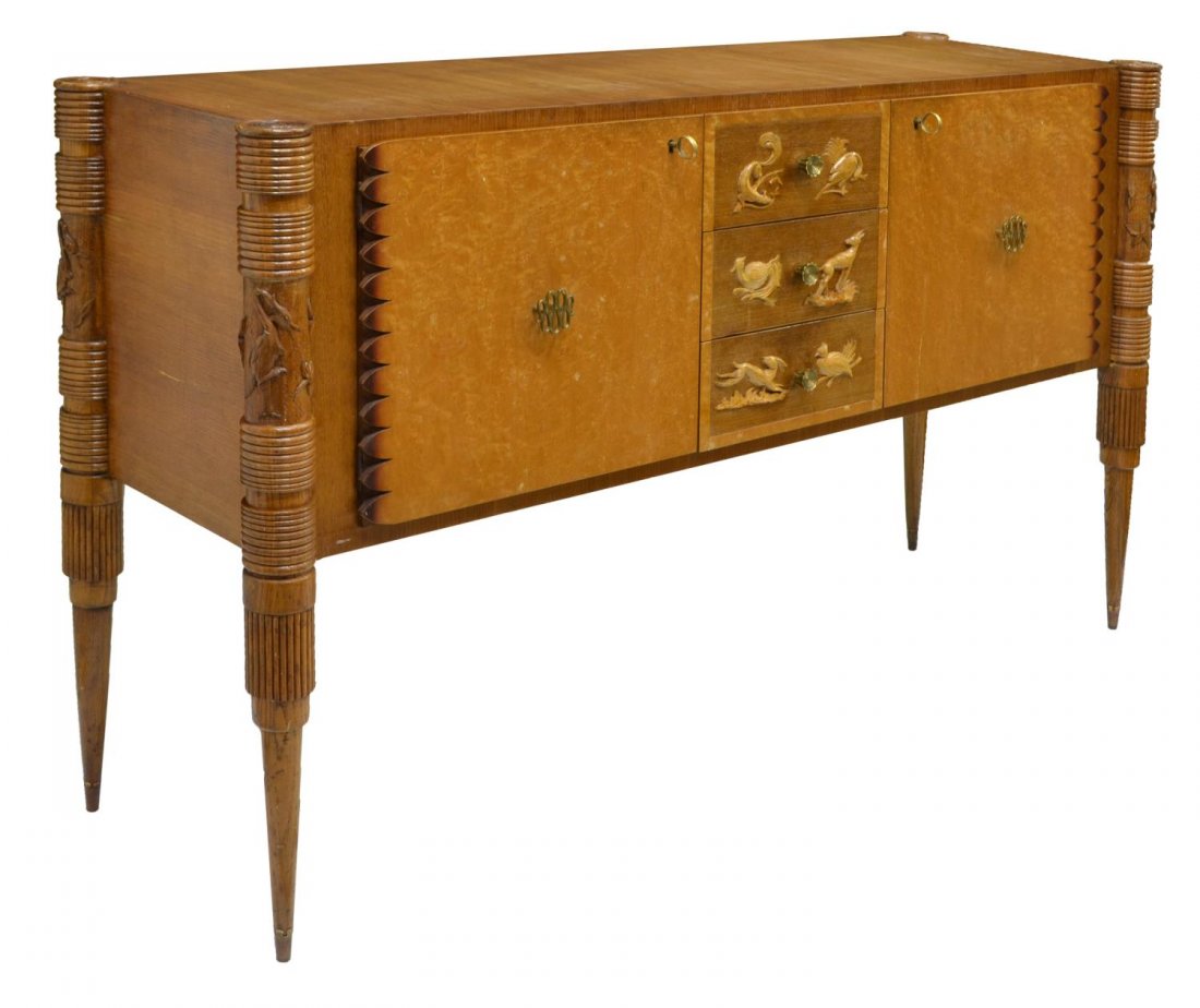 ITALIAN DESIGN PIER LUIGI COLLI MODERN SIDEBOARD: Italian mid-century modern sideboard,1940's, design by Pier Luigi Colli (Italian, 1895-1968), a long rectangular top over two burlwood doors with brass pulls opening to shelved storage, flanking three