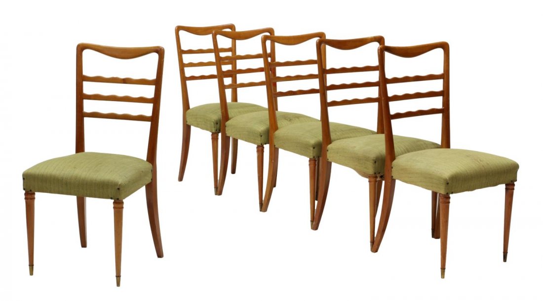 (6) PAOLO BUFFA (ATTRIB) UPHOLSTERED SIDE CHAIRS: (set of 6) Italian mid-century modern side chairs, c. 1950, design attributed to Paolo Buffa (Italian, 1913-2000), wavy slats on the high back of each, over worn upholstered seats, tapering cylindrica