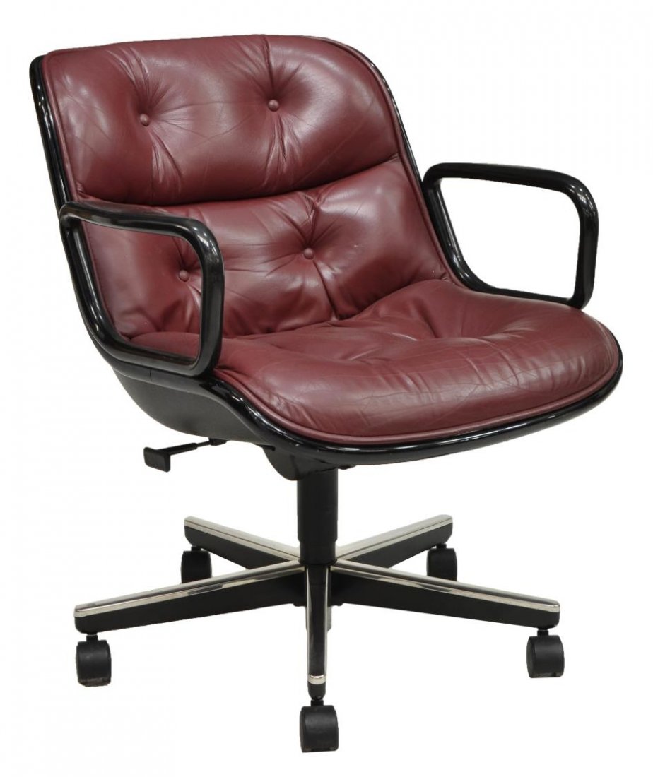 CHARLES POLLOCK FOR KNOLL ROLLING OFFICE CHAIR: Charles Pollock for Knoll rolling office chair, burgundy leather upholstery over fiberglass shell, chromed aluminum frame, rising on swivel four foot base, retaining label under seat, 31"h, 27"w, 23"d