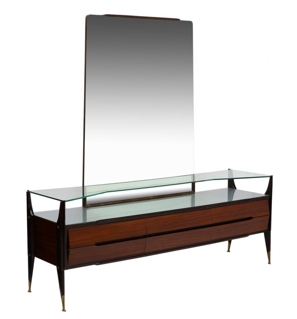ITALIAN MID-CENTURY COMMODE, SILVIO CAVATORTA: Italian mid-century modern commode, c.1950, design by Silvio Cavatorta (Italian, 20th c.), the shaped clear glass shelf rising over a silver tone glass table top and rosewood veneered body with six dr