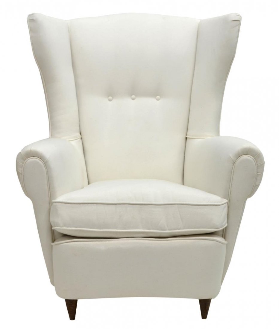 ITALIAN MID-CENTURY MODERN CHAIR, MELCHIORRE BEGA: Italian mid-century modern arm chair, design by Melchiorre Bega (Italian,1898-1976), upholstered in a later white fabric, the wingback above rolled arms framing the removable seat cushion, rising on s