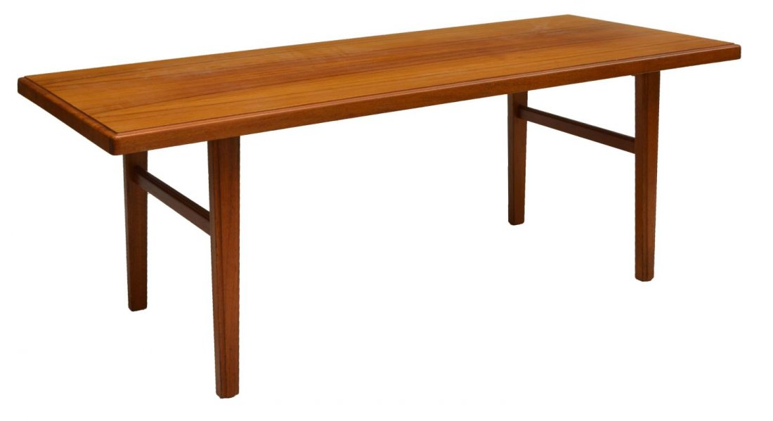 DANISH MID-CENTURY MODERN TEAKWOOD COFFEE TABLE: Danish mid-century modern teakwood coffee table, c. 1950's/60's, rectangular top on tapered legs, joined by stretchers, approx 23"h, 58.75"l, 24"w Start Price: $100.00