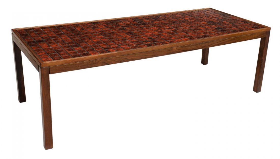 DANISH MID-CENTURY MODERN TILE TOP COFFEE TABLE: Danish mid-century modern tile top teakwood coffee table, inlaid with square red ceramic tiles, 20.5"h, 66"w, 26.5"d, each leaf: 22.75"w Start Price: $100.00