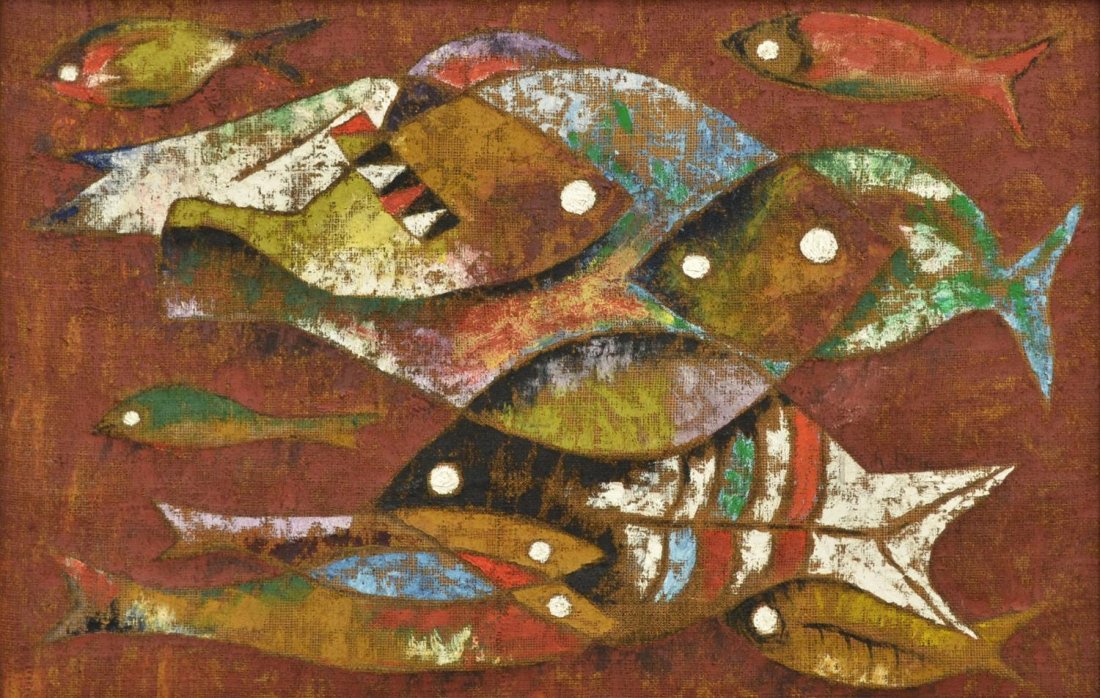 MODERN PAINTING ON BURLAP, FISH, SIGNED R. LITTLE: Framed painting on burlap, Abstract Fish, signed middle right R. Little, sight: 23"h, 35"w, overall: 33"h, 45"w, 20lbs Start Price: $80.00