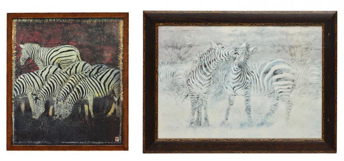(2) FRAMED PRINTS, ZEBRAS: (lot of 2) Framed zebra prints, comprising: (1) print of a zebra painting, illegible artist signature to lower right, Ediciones Selina printing company mark to lower left, approx sight: 27"h, 39"w, ov