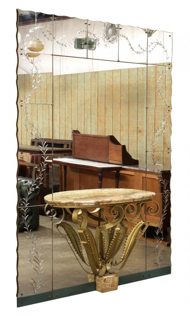 MONUMENTAL ITALIAN MIRRORED CONSOLE, PIER COLLI: Monumental Italian console table and mirror, design attributed to Pier Luigi Colli (1895-1968) early 20th c., shaped mirror with cut and beveled border, reverse etched foliate pattern, demilune stalac