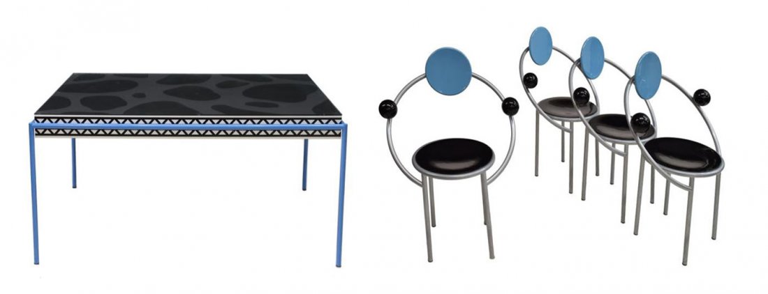 (5) ITALIAN MICHELE DE LUCCHI MODERN DINING SUITE: (lot of 5) Italian modern "Burgundy" dining suite, c.1985, design by Michele de Lucchi (Italian, b.1951) for Memphis Milano: (1) dining table with flat glass plate over laminated wood table top, blue 