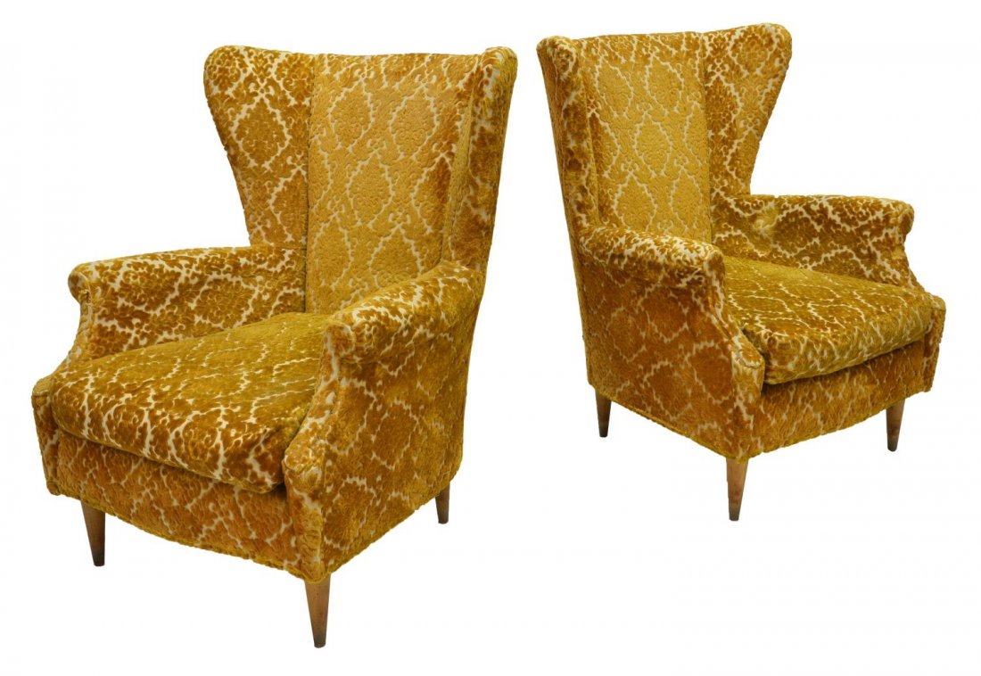 (2) ITALIAN DESIGN MID-CENTURY MODERN ARMCHAIRS: Italian design mid-century modern wingback armchairs, c. 1950, rising on tapered legs, in need of upholstery, 36"h, 29"w, 24"d Start Price: $400.00