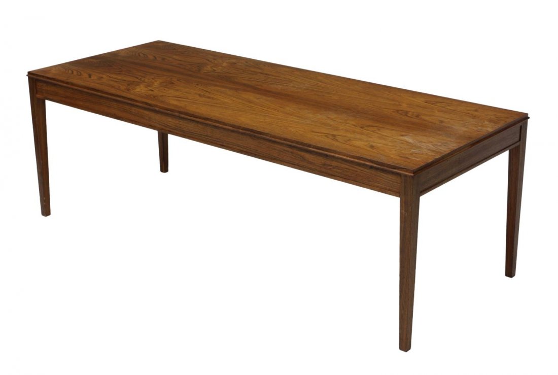 DANISH MID-CENTURY LONG WOOD COFFEE TABLE: Danish mid-century modern coffee table, c. 1950's/60's, on tapering angular legs, approx 20.5"h, 60"l, 24"d Start Price: $100.00