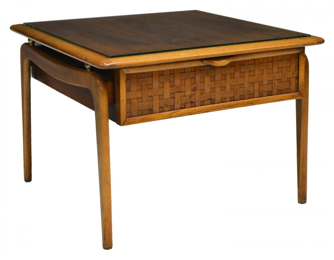 LANE MID-CENTURY MODERN TEAK SQUARE SIDE TABLE: Lane mid-century modern teak side table, the square top over a single drawer with woven facade, rising on tapered legs, 21"h, 28"w, 28"d Start Price: $60.00