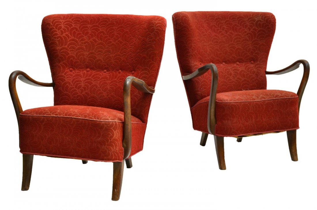 (2) DANISH MID-CENTURY MODERN WINGBACK ARMCHAIRS: (pair) Danish mid-century modern wingback armchairs, button backs, curved armrests, rising on tapered legs, 35"h, 30"w, 24"d Start Price: $300.00