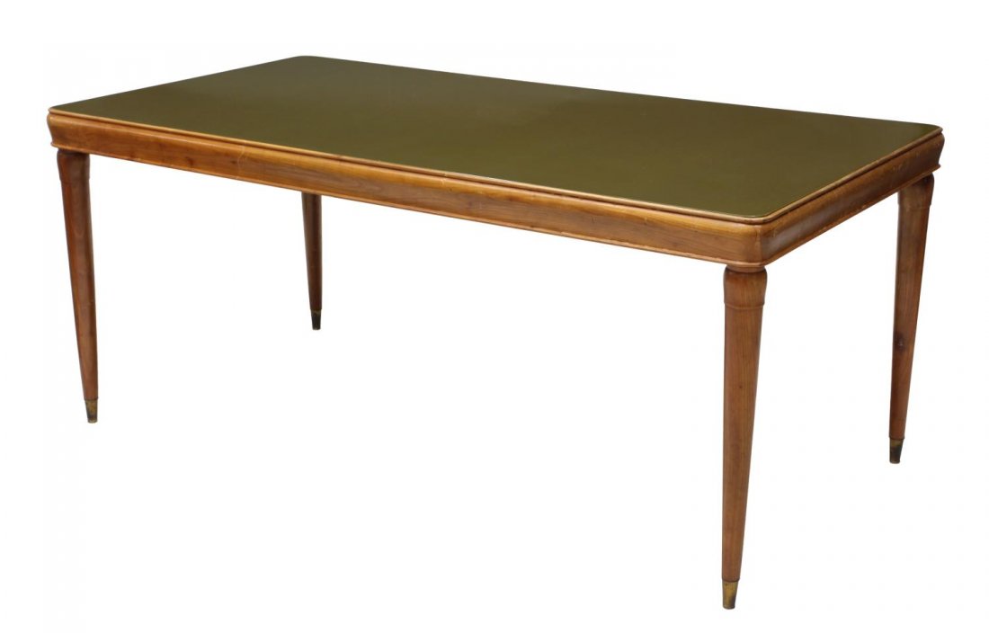 ITALIAN MID-CENTURY MODERN DINING TABLE: Italian mid-century modern dining table, c. 1950, design attributed to Paolo Buffa (Italian, 1903-1970), a rectangular top with inset glass rising on tapered turned legs with brass capped feet, 30.75"