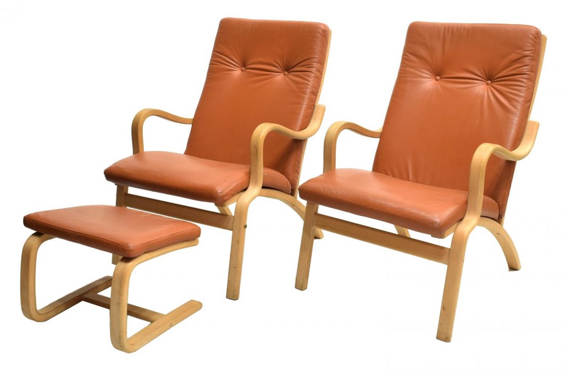 (3) DANISH MODERN LEATHER ARMCHAIRS & OTTOMAN: (set of 3) Danish Modern leather armchairs and ottoman, the (2) birch frame armchairs with brown leather cushions, 37"h, 31"w, 22"d; accompanied by (1) matching ottoman, with leather cushion top, 13.5
