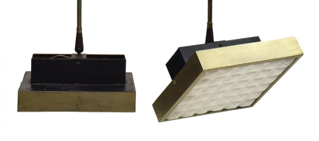 (2) AMERICAN MODERN HANGING CEILING LIGHTS: (pair) Modern design ceiling lights, each having adjustable chromed metal standard holding square textured white glass shades, in need of wiring, both having surface wear to metal, one shade with crac