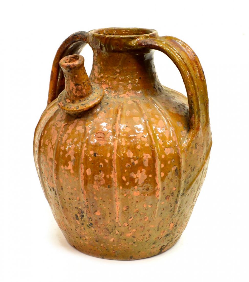LARGE ANTIQUE FRENCH EARTHENWARE WINE JUG: Large Antique French Provincial handled wine jug, remnants of glazed finish on the tapered body issuing large spout, 13.5"h, Start Price: $50.00