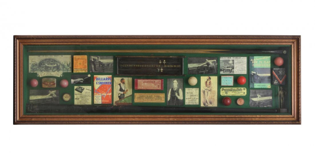 BRITISH BILLIARDS & SNOOKER SHADOW BOX DISPLAY: Shadow box with British billiard and snooker memorabilia including balls, wood score board, pictures and more, 19.5"h, 62.75"w, 4.5"d, 29lbs Start Price: $100.00