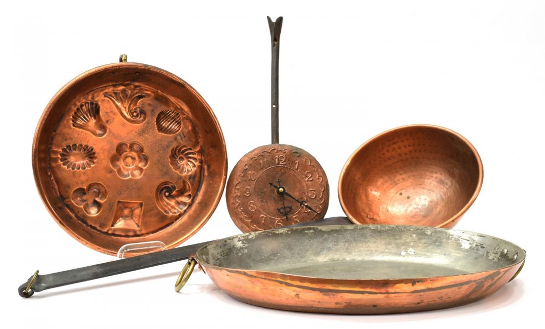 (4) COLLECTION OF COPPER POTS AND DECORATIVE ITEMS: (lot of 4) Copper pots and decorative items, comprising: (1) large ladle with iron strap handle, approx. 29"l; (1) copper pot turned into a wall clock, 16"l; (1) copper roasting pan, 2"h,17.5"l, 11.5"