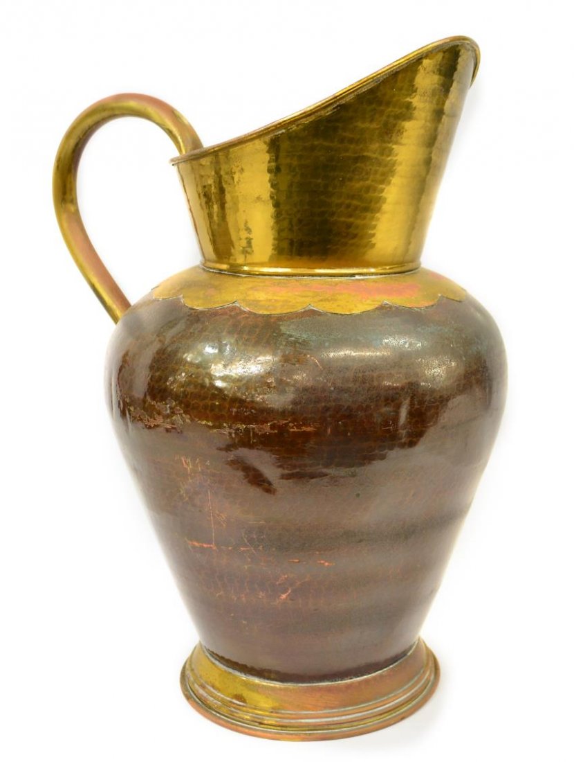 LARGE PITCHER FORM COPPER UMBRELLA STAND: Large parcel gilt copper umbrella stand in the shape of a water pitcher, approx 22"h; some oxidation, approx 5.25lbs total Start Price: $40.00