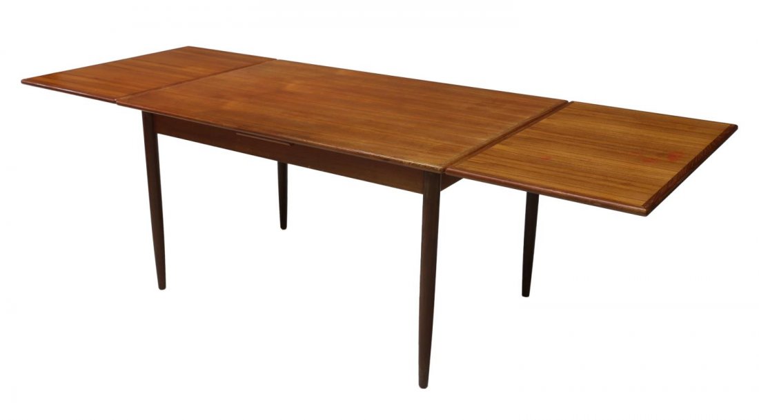 DANISH MID-CENTURY TEAKWOOD DRAW LEAF DINING TABLE: Danish mid-century modern teakwood draw leaf dining table, 29.75"h, 52"w, 33.5"d, each leaf: 21"w Start Price: $150.00