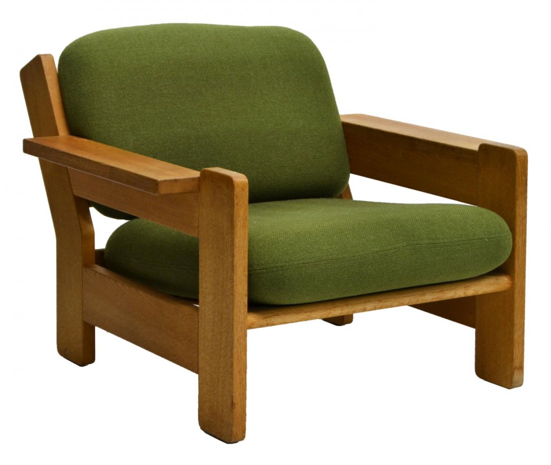 DANISH MODERN BEECHWOOD ARMCHAIR C. 1970S: Danish Modern Beechwood armchair, c. 1970s, having flat armrests, removable cushions, 24"h, 35"w, 34"d Start Price: $100.00