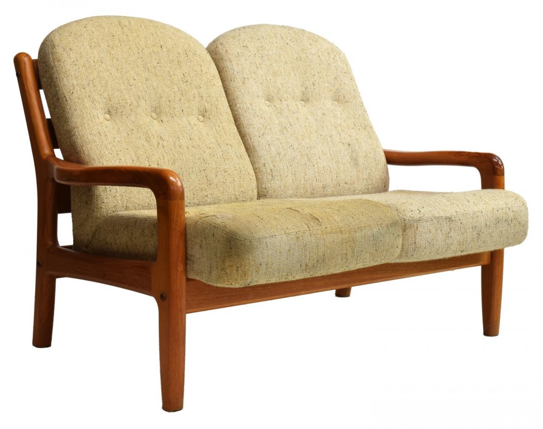 DANISH MODERN TEAKWOOD LOVESEAT, C. 1970S: Danish Modern teakwood loveseat, c. 1970s, with removable tan cushions, 38"h, 51"w, 30"d Start Price: $100.00