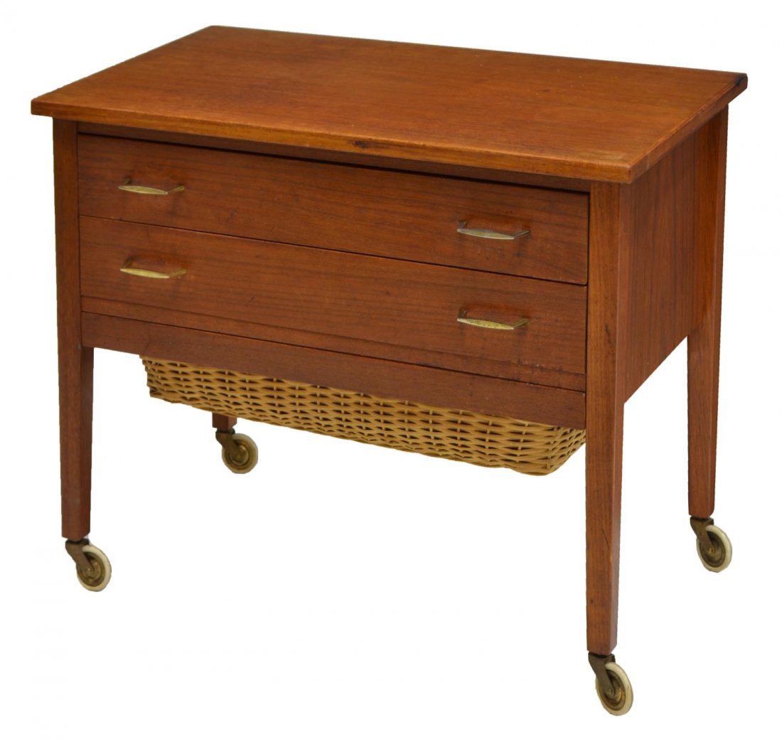 DANISH MID-CENTURY MODERN TEAKWOOD SEWING TABLE: Danish mid-century modern teakwood sewing table, 1950's, the rectangular top over two drawers, a lower pull out tray housing a removable wicker basket, raised on squared tapered legs with castors, 21"
