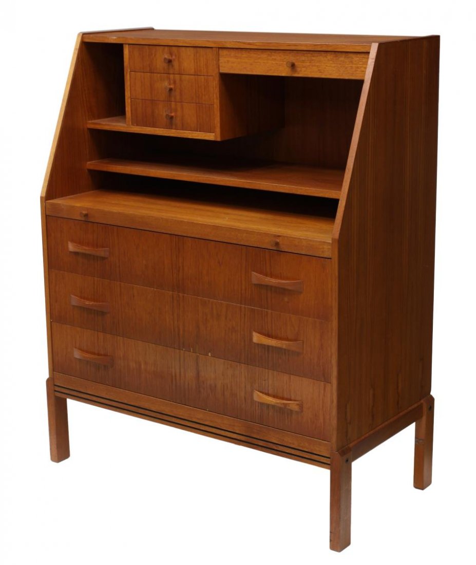 DANISH MID-CENTURY TEAKWOOD MIRRORED BUREAU: Danish mid-century modern teakwood bureau, c. 1950's/60's, the upper case having concealed drop mirror, drawers, cubbies and slots, pull out writing surface over three drawers, rising on four straight