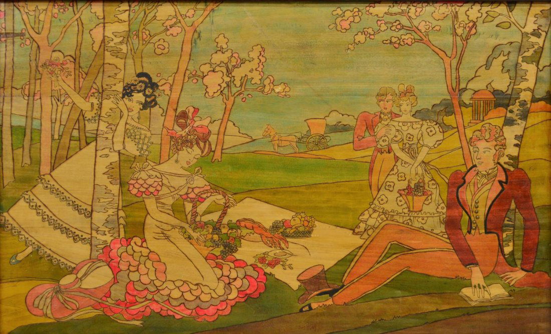 FRAMED POLYCHROME WOOD SCENE, A FIGURAL PICNIC: Framed Italian engraved painted wood art, Picnic Scene with Gentlemen and Ladies, signed lower center and back Denise Bibal, some surface loss, approx sight: 22.75"h, 37.75"w, overall 27.25"h, 42.5"w,