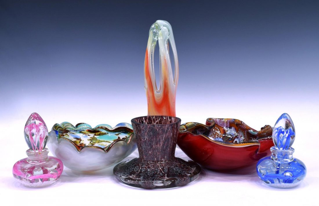 (6) COLLECTION OF ART GLASS TABLE ARTICLES: (lot of 6) Collection of art glass table articles, comprising: (2) perfume bottles with stoppers; (1) pierced closed top vasiform item; (2) Oleg Cassini Home Collection glass bowls; (1) low wide mouth