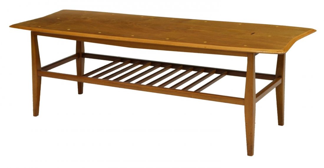 MID-CENTURY MODERN TEAK COFFEE TABLE: Danish design Mid-century modern coffee table, peg detail to top, over slat shelf, rising on tapered legs, 16"h, 47.5"w, 16"d Start Price: $80.00
