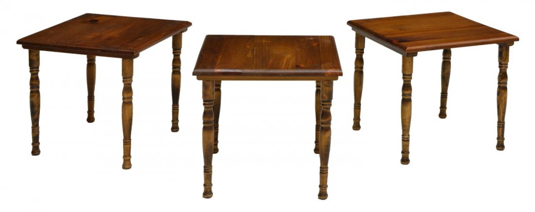 (3) SMALL WOODEN STACKING TABLES, 20TH C.: (set of 3) Small wooden stacking tables, 20th c., the square top over four turned legs, 15"h, 15"sq Start Price: $50.00